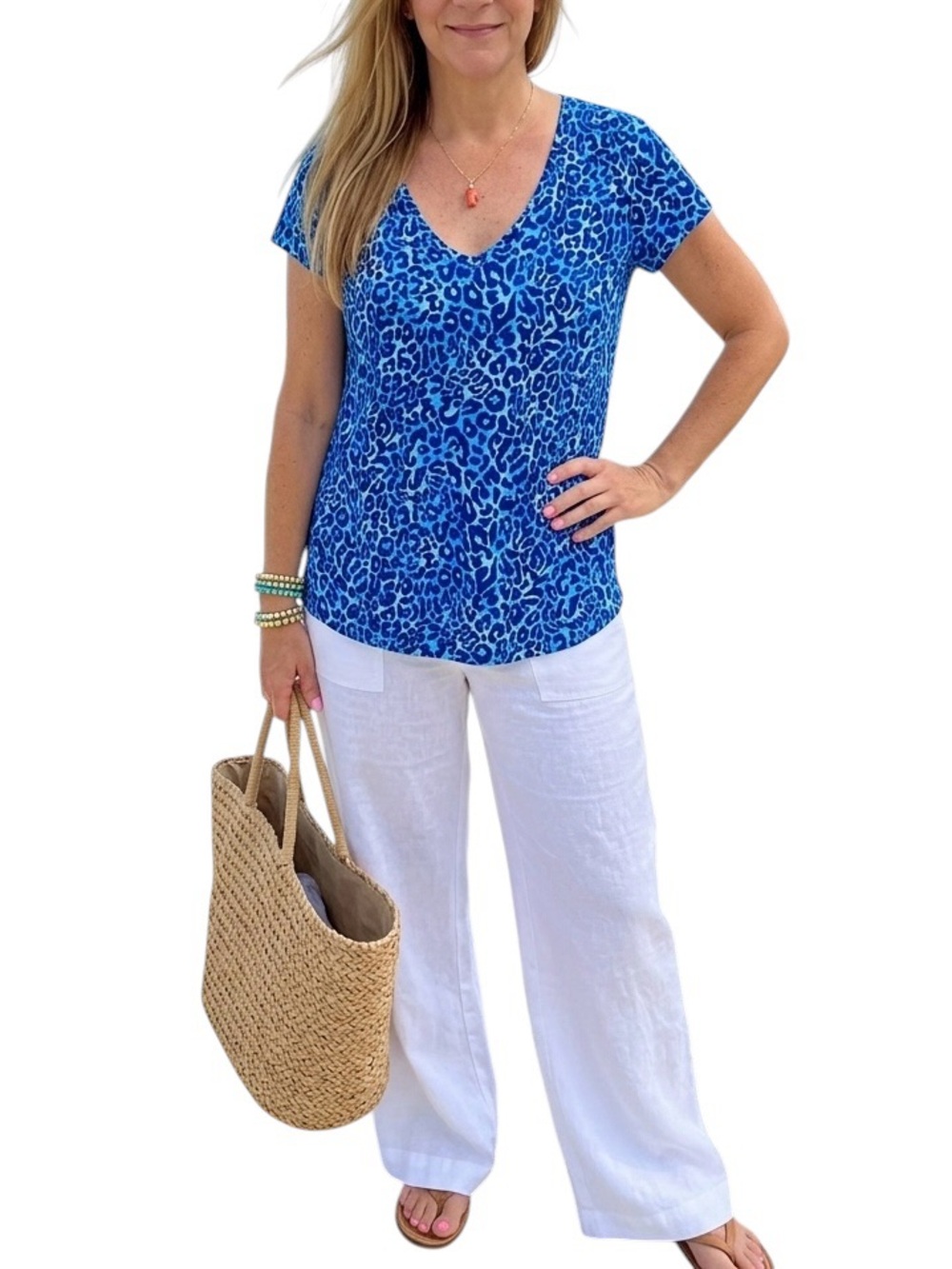 Lilly Pulitzer Etta V-Neck Top Low Tide Navy Spotted In The Wild Blue Leopard L